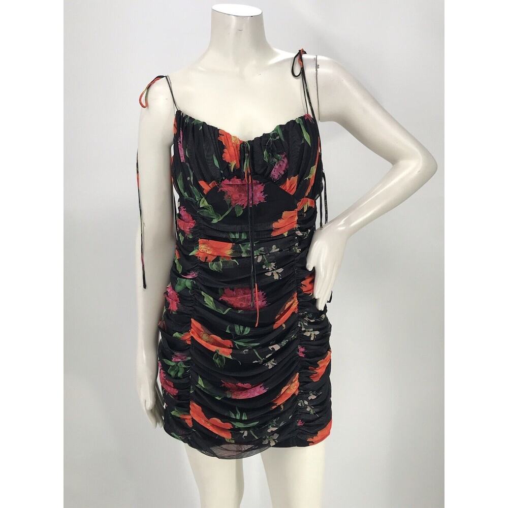 Skylar Rose Black Floral Ruched Mesh Spaghetti Strap Mini Party Dress L